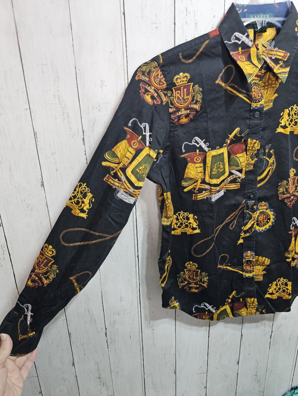 Vintage Ralph Lauren LRL Black Equestrian Crest Iconic Shirt Size Medium Petite. - Picture 3 of 10